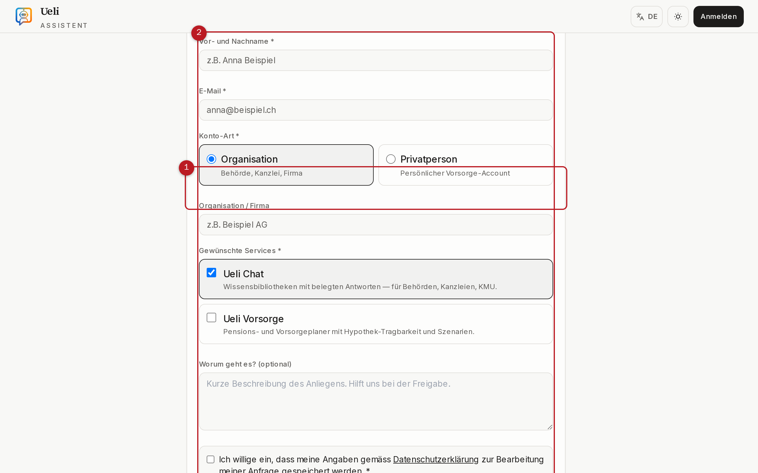 Formular zum Beantragen eines Zugangs mit nummerierten Markierungen