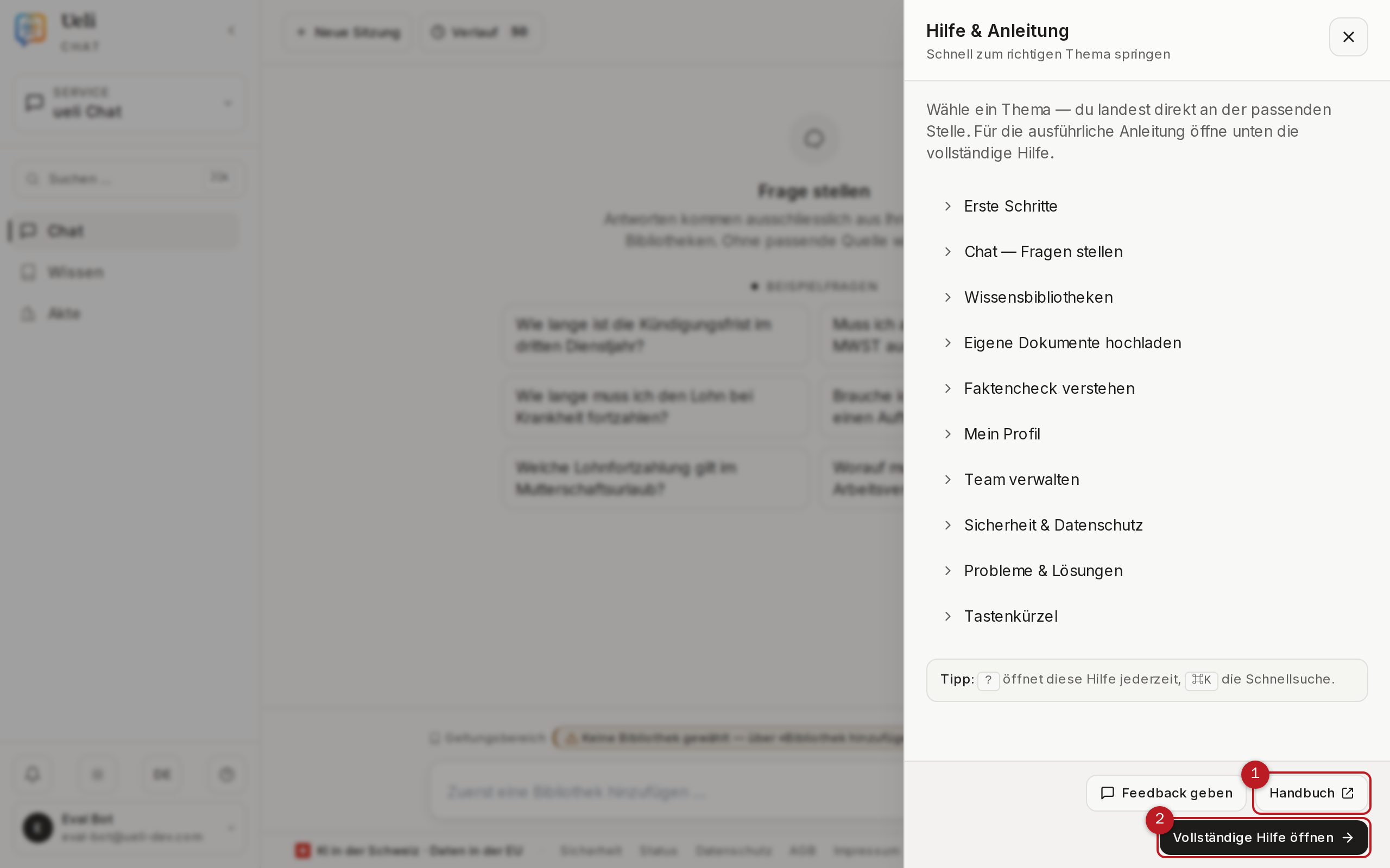 Geöffnetes Hilfe-Panel am rechten Bildschirmrand