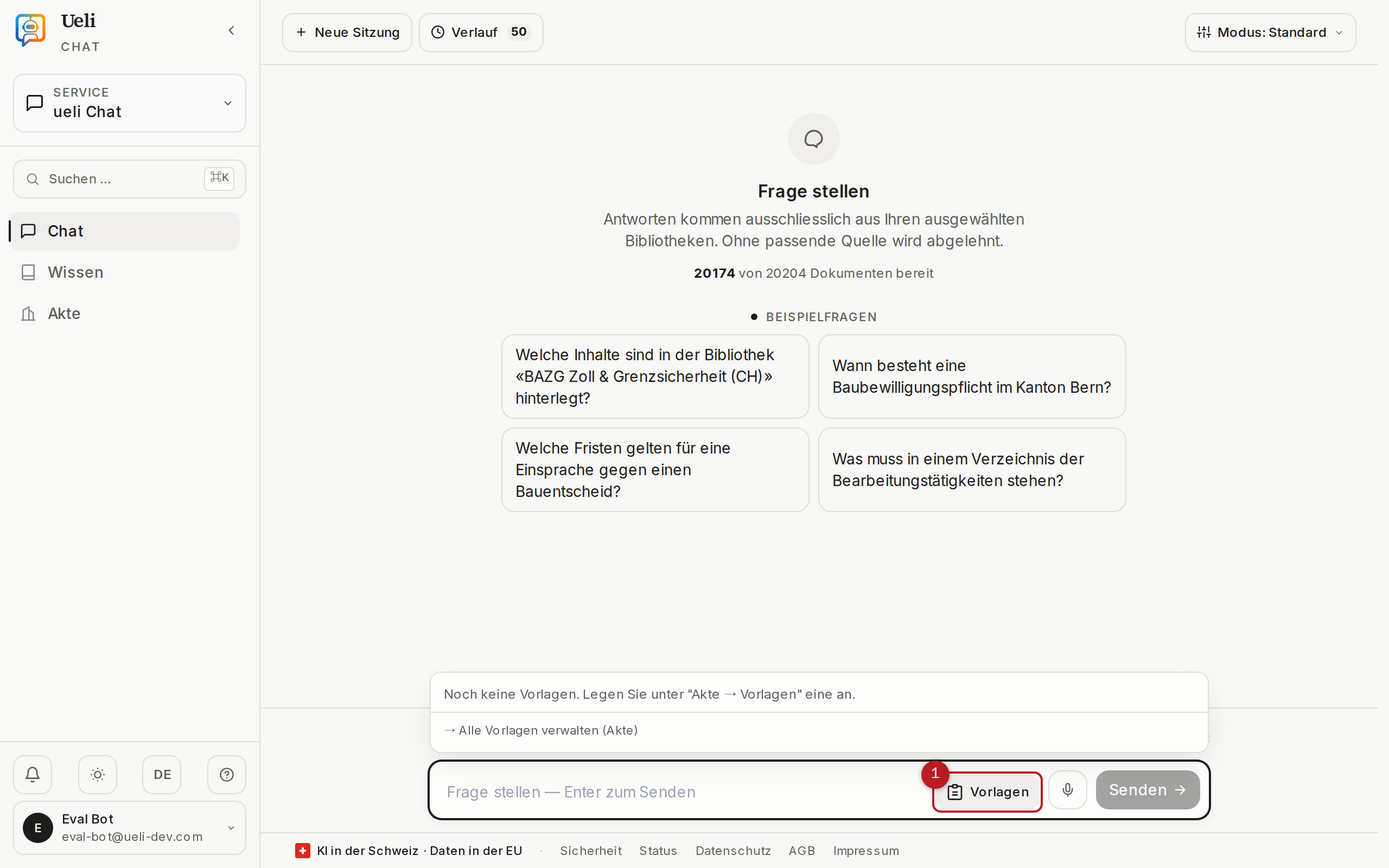 Geöffnete Vorlagen-Auswahl im Chat