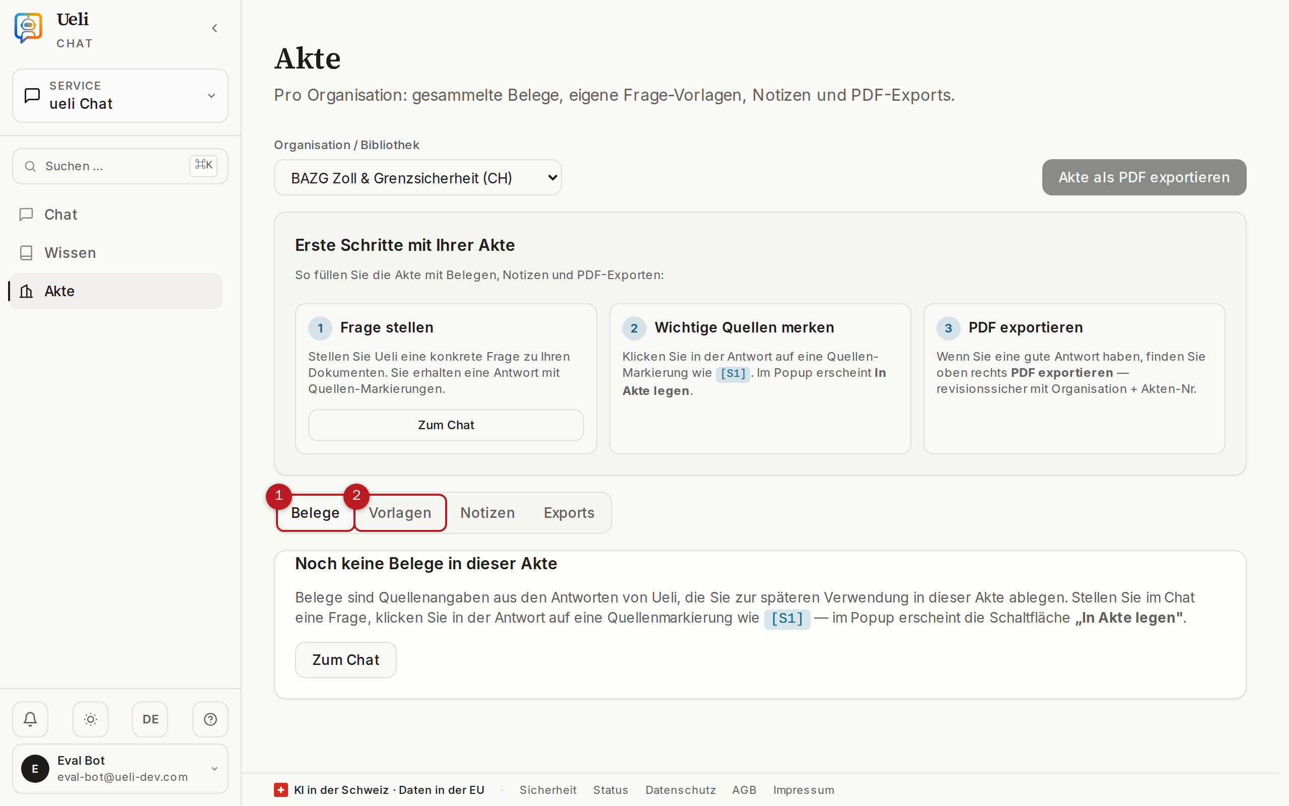 Akte mit den Tabs Belege und Vorlagen
