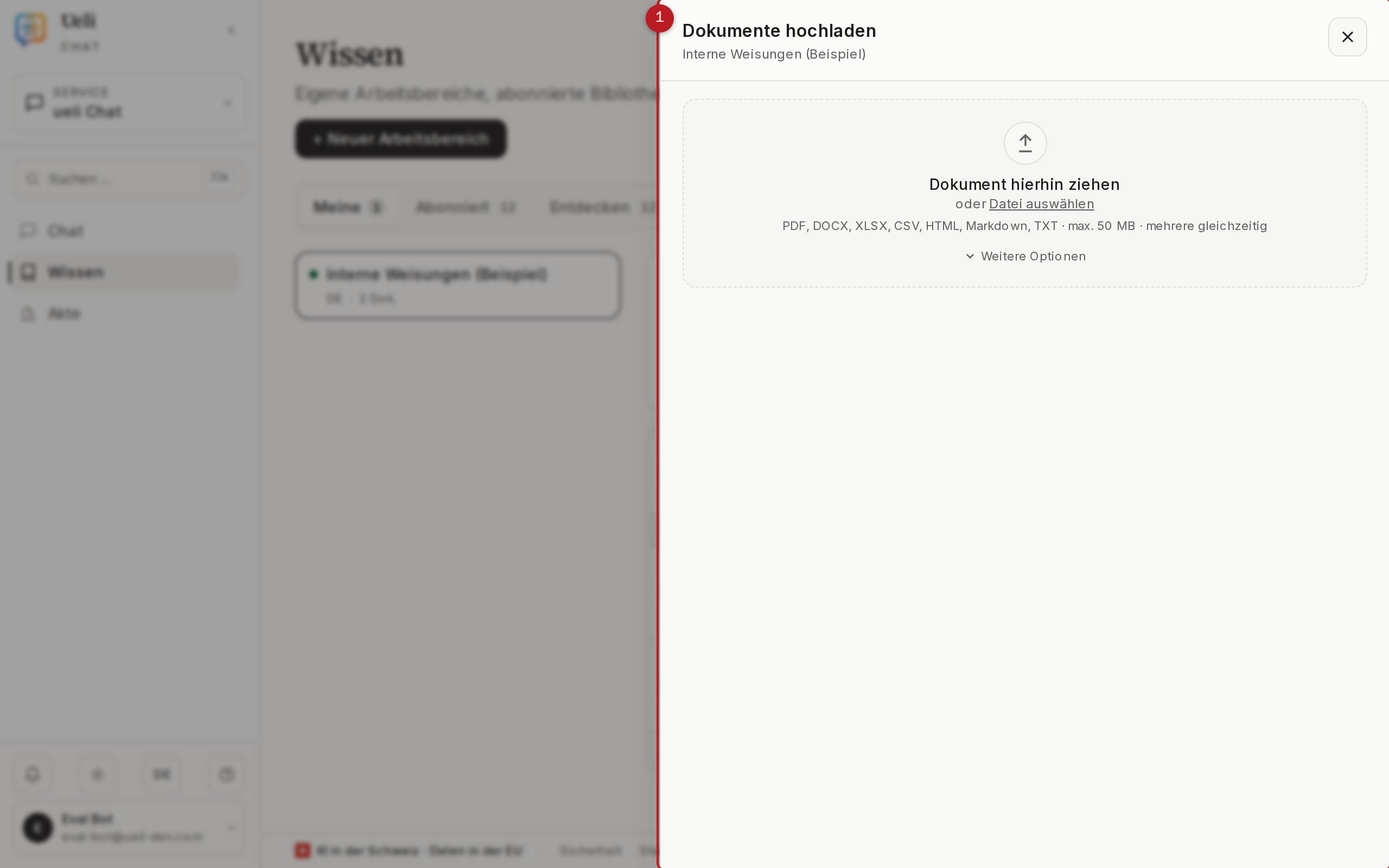 Upload-Center mit Ablagefläche und Optionen