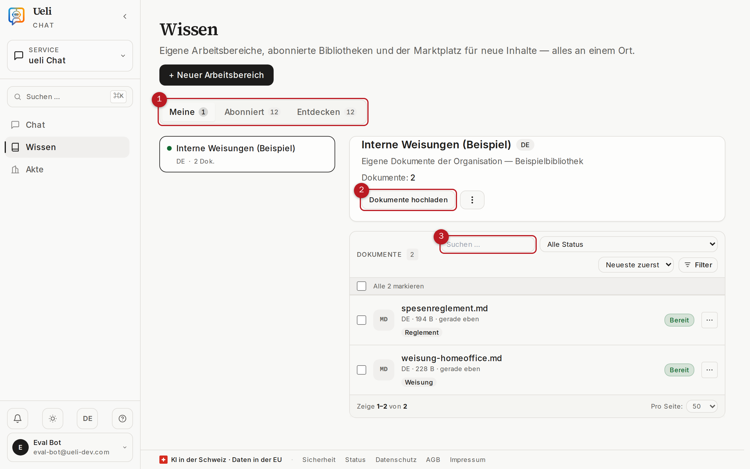 Wissens-Seite mit Tab Meine, Upload-Knopf und Dokumentliste