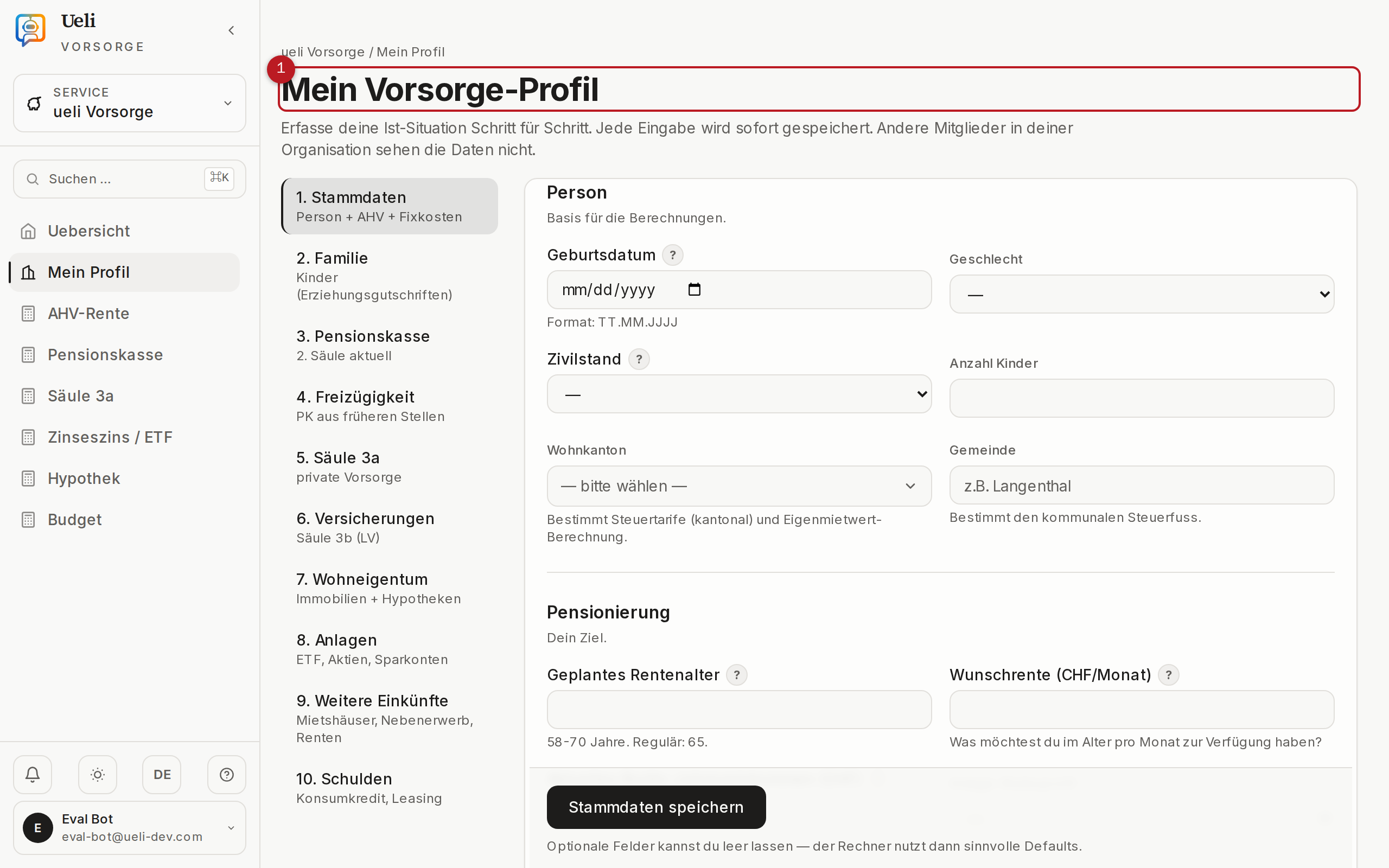 Vorsorge-Profil mit Eingabebereichen