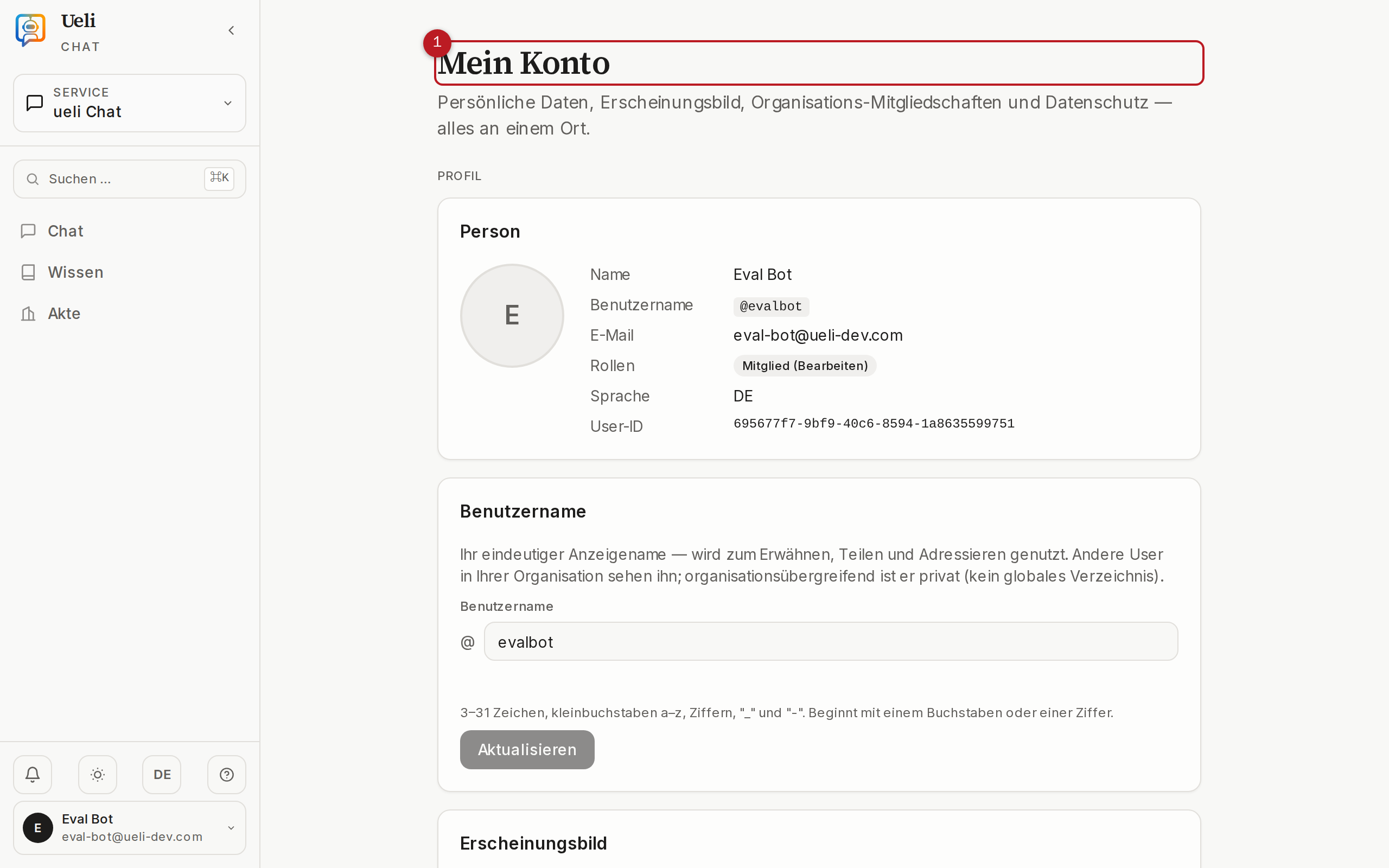 Konto-Seite mit Einstellungsgruppen