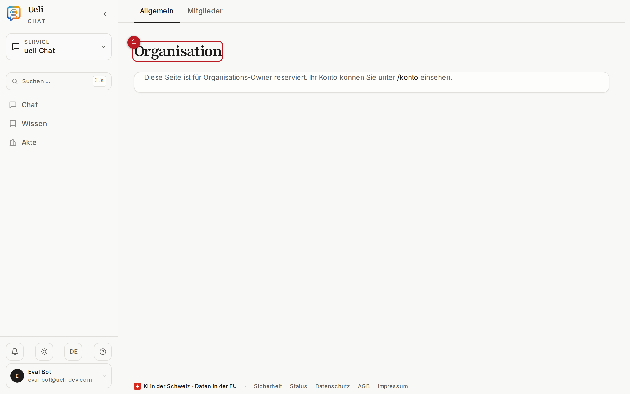Organisations-Seite mit Stammdaten